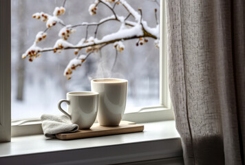A warm delicious drink on cold winter mornings, a cozy warm house with a view through the window of white falling snow.