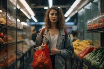 A woman is pictured holding a bag of fresh vegetables in a grocery store. This image can be used to showcase healthy eating, shopping for organic produce, or promoting a balanced diet. - Powered by Adobe