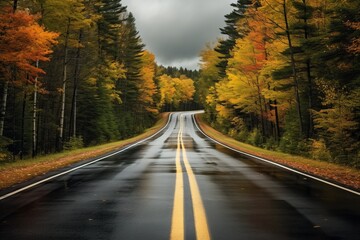 Fototapeta premium A striking, moody photograph of a rural highway winding through a lush forest with vibrant orange and green foliage.