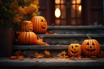 Cinematic composition of a pumpkin adorned with flowers, placed on a step, capturing the essence of autumn and Halloween celebrations.