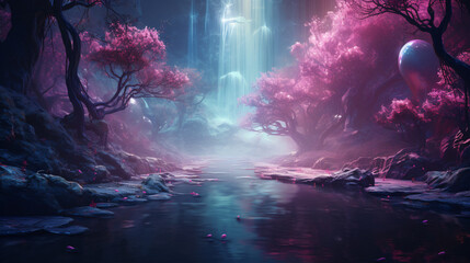 Fototapeta premium A captivating forest, illuminated with ethereal hues of teal and lilac, takes viewers into an enchanting realm.