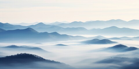 Abstract landscape capturing a foggy morning in the mountains with a cool blue tint, ideal for evoking mystery and awe.