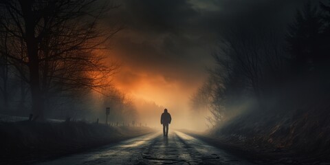 A captivating image of a mysterious man walking down a misty, foggy road, set in a dramatic and mystic scene accentuated by warm colors. Ideal for conveying mood and atmosphere.