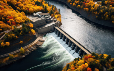 Aerial view of a hydroelectric power plan with water flowing through the dam and turbines while generating clean renewable energy.