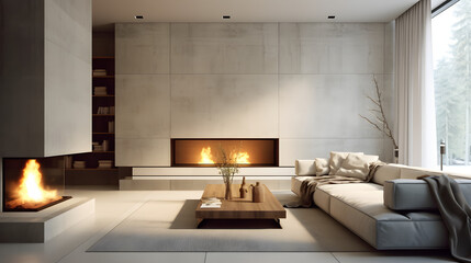Minimalist style interior design of modern living room with fireplace and concrete walls. Created with generative - obrazy, fototapety, plakaty