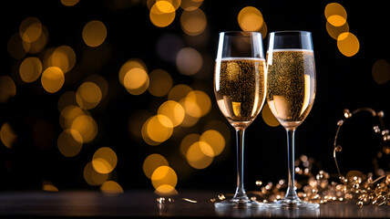 Two glasses of champagne, New Year celebration, happy new year, dark bright background