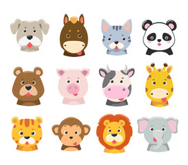Vector cartoon illustration of animal faces. Dog, cat, horse, cow, pig, giraffe, bear, other wild animal faces