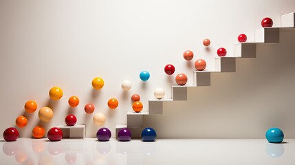 Multicolored balls are jumping on a white staircase. The concept of creativity, development and learning