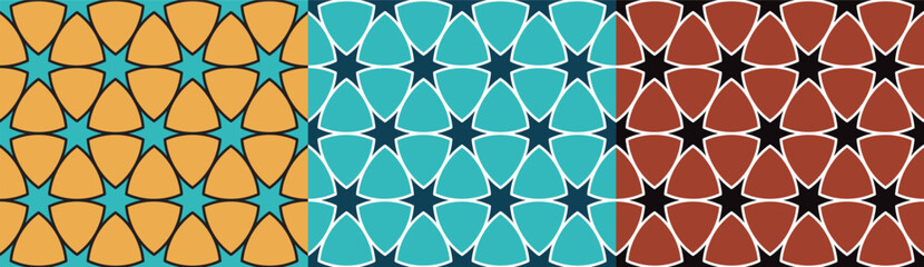 Fototapeta premium Set of seamless geometric patterns. Girih seamless patterns. Vector decorative ornamental patterns. Morocco Traditional Islamic Design. Mosque decoration element. Abstract background.