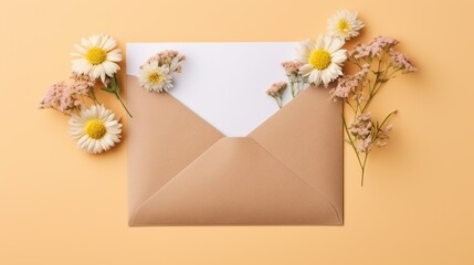 brown envelope with blank paper and bright flower on yellow pastel background. AI generated image