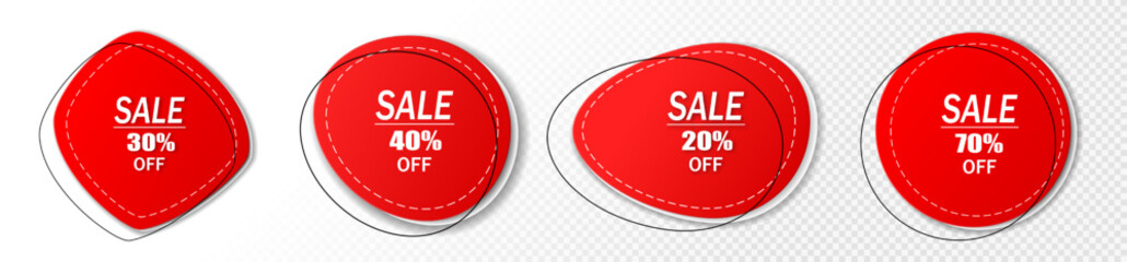 A set of red price tags with a sale on a white background. Special offer or discount labels when buying. Four retail paper stickers. Vector EPS10.