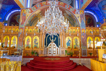 Fototapeta na wymiar Large, beautiful and ornamental chandelier of the Greek Orthodox church of Ayia Napa locality in Cyprus