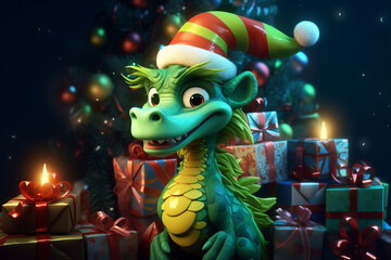 green little scaly majestic dragon on the background of a Christmas tree, in a Santa Claus hat