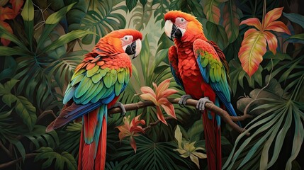  two colorful parrots sitting on a tree branch in a jungle.  generative ai