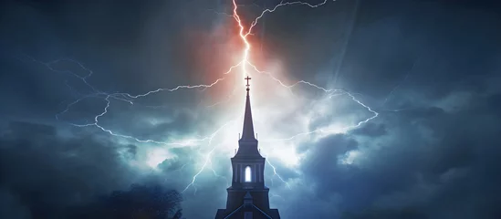 Foto op Canvas forked lightning by church spire. AI generated. © RZ