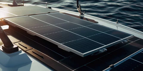 Foto auf Acrylglas Close-up of solar panels integrated on the deck of a boat. On board energy generation as an additional power supply for yachts and hybrid or electric ships. © Joe P