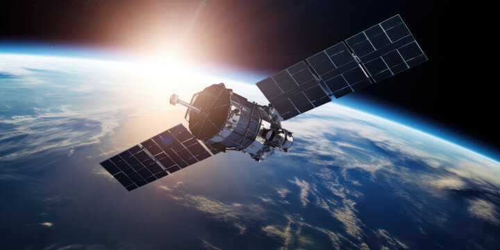 Space view of a solar powered communications satellite orbiting over the Earth and with the sun on the background