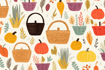 Harvest basket illustrations quirky doodle pattern, wallpaper, background, cartoon, vector, whimsical Illustration