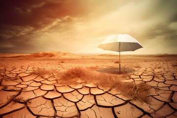 Cracked, scorched earth and a beach umbrella. Global warming and climate change concept - obrazy, fototapety, plakaty