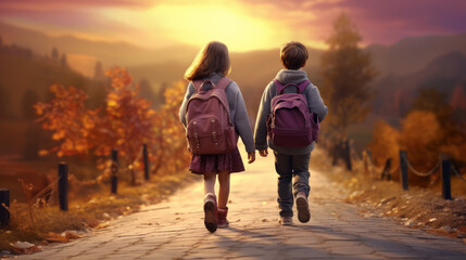 Two elementary school kids from behind with backpacks running - obrazy, fototapety, plakaty