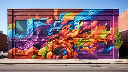  a colorful mural on the side of a building in a city.  generative ai