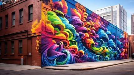  a colorful mural on the side of a building in a city.  generative ai