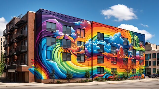  a multicolored building with a rainbow painted on it. generative ai © Olga