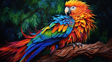 Obraz premium a brightly colored parrot perched on a tree branch in a forest. generative ai
