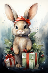 Christmas card cute rabbit wearing red headband standing among gift boxes decorated with holly leaves and berries. Watercolor cartoon animal character. Vertical Xmas greeting postcard, New year poster