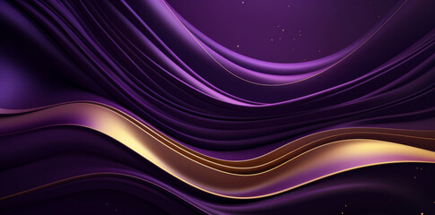 Futuristic Purple and Gold gradient background wave of particles. Sound structural connections. Abstract background with a wave of luminous particles creased cloth drape