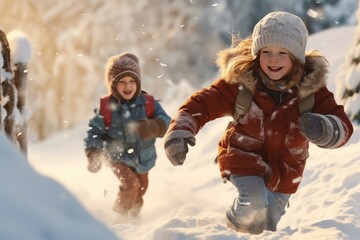 Fototapeta na wymiar children having fun in the snow - ai-generated