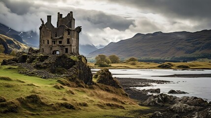 Fototapeta premium Decaying castle in the Scottish landscape, a beautiful scene of the old ruined castle. Created with Generative Ai technology.
