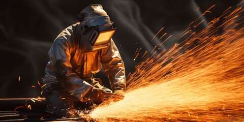 Forging Excellence: A Steel Worker in Protective Clothing Masters the Fiery Art of Melting Iron and Precious Metals, Crafting Rare Alloys and Forging a Symphony of Sparks and Heat - obrazy, fototapety, plakaty