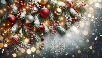 Obraz na płótnie Canvas Postcard background with copy space of Christmas and new year holiday. Christmas tree with gold and red decorations, snow, bright balls. Concept of celebration. Ai generative