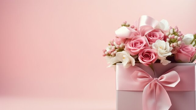 Gift box with bouquet decorations with pink ribbon on isolated white background. AI generated image
