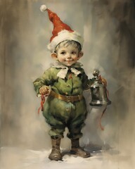 vintage style motif of a cute christmas elf with christmas presents, suitable for greeting cards - ai-generated