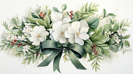  a painting of a bouquet of flowers with green leaves and berries.  generative ai