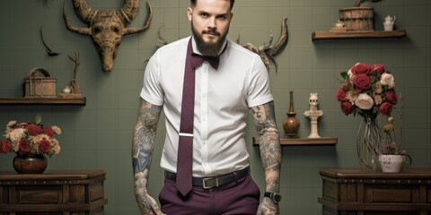 A man with tattoos and a tie standing in a room, AI - Powered by Adobe