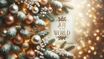 Template new year postcard with lettering greetings on decorated Christmas tree background. Celebration holidays concept. Ai generative