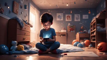 a boy in his room using a mobile phone looking very sad, playing games on phone