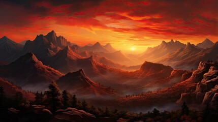  a painting of a mountain range with a sunset in the background.  generative ai