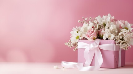 Gift box with bouquet decorations with pink ribbon on isolated white background. AI generated image