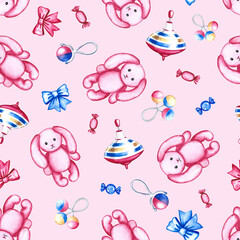 Seamless pattern with children's toys. Pink plush bunnies, a spinning top and rattles. On a pink background. Handmade watercolor illustration. For packaging paper, textiles, children's clothing.