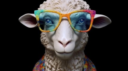 Fototapeta premium Muzzle of a fashionable sheep. Illustration of ewe with dark glasses on black background. Animal fashion. Printed design of t-shirt, bag and other goods.