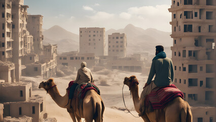 A Couple Riding A camel entering the abandoned city of lost world