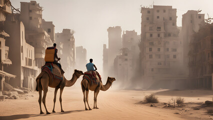 Two man riding camels entering the lost city of arab, apocalypse in the city of arab country - obrazy, fototapety, plakaty