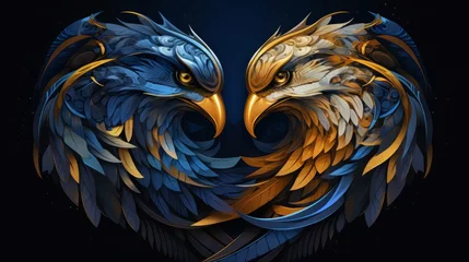 Foto op Plexiglas Munin and Kunin - the nordic ravens in gold and blue © Superhero Woozie