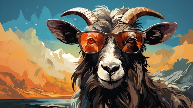 Muzzle of a fashionable goat in the style of pop art. Illustration of billy-goat wearing sunglasses on white background. Animal fashion. Colorful painting of he-goat. Printable design for t-shirts etc