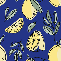 Seamless pattern beautiful lemon fruits and leaves vector. Floral pattern.
