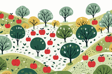 Apple orchard illustrations quirky doodle pattern, wallpaper, background, cartoon, vector, whimsical Illustration - obrazy, fototapety, plakaty